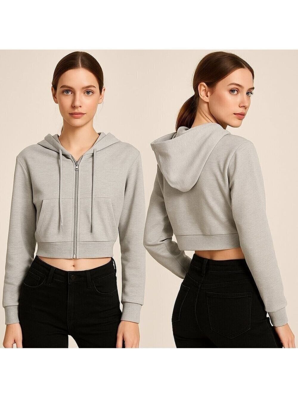 SHEIN EZWEAR Women’s Light Gray Cropped Zip-Up Hoodie – Size Small ✨🩶🧥
